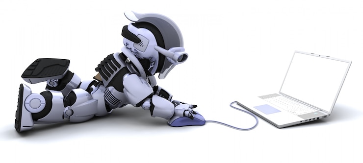 Foto grátis 3d rendem do robô com um laptop e mouse