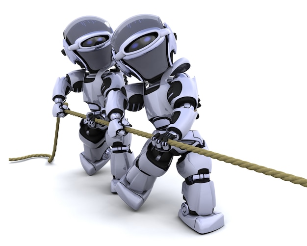 Foto grátis 3d rendem dos robôs puxando uma corda