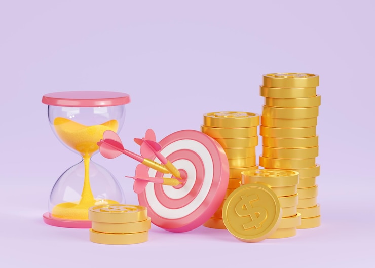 Foto grátis 3d rendem sandglass e moedas de alvo bullseye