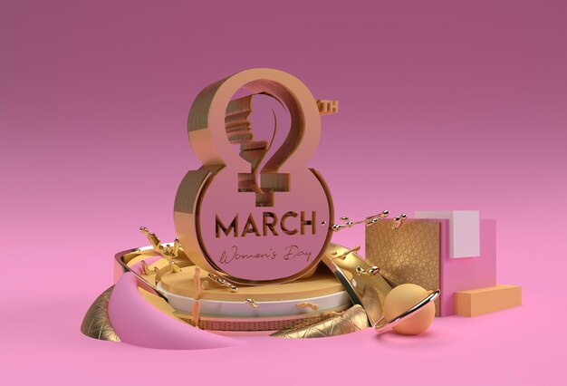 3D Render 8 de março feliz dia da mulher exibir produtos de publicidade. Design de ilustração de cartaz de panfleto.
