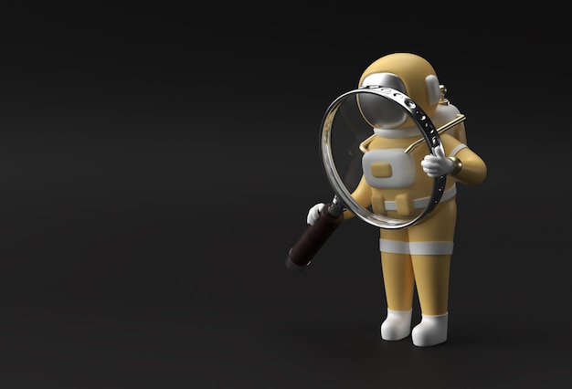 3d render astronauta segurando lupa em um fundo preto