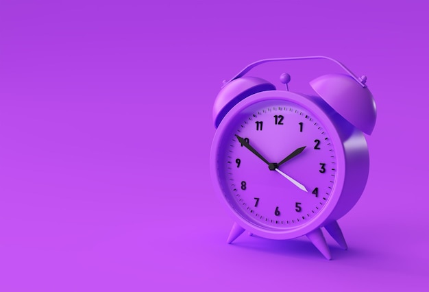 3D render Close up despertador no projeto de fundo roxo.