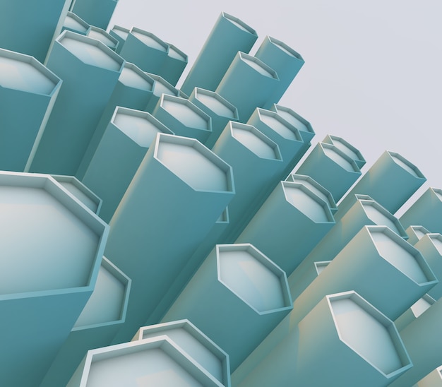 3D render de um fundo abstrato com extrusão de hexágonos chanfrados