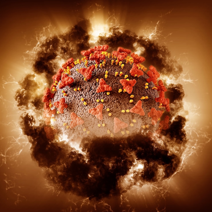 Foto grátis 3d render de um fundo médico abstrato com célula de vírus covid 19 com efeito de tempestade