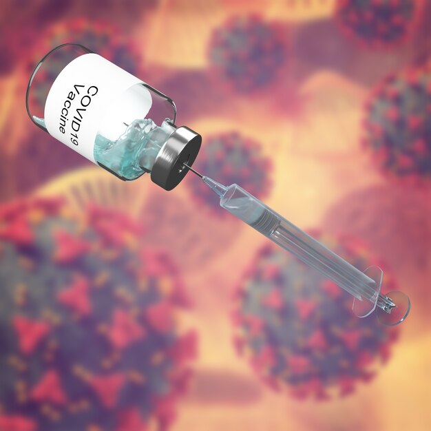 3D render de um médico com vacina secreta e seringa contra a imagem da célula do vírus