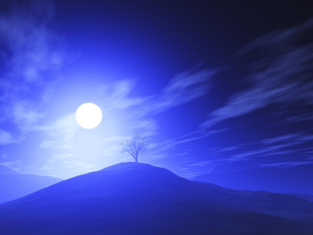 3D render de uma árvore em uma montanha contra um céu roxo do pôr do sol