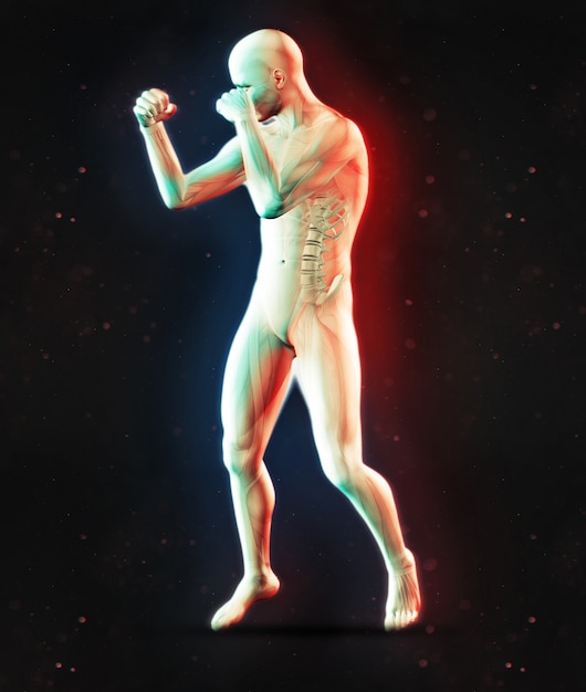 Foto grátis 3d render de uma figura masculina no boxe pose com efeito de cor dupla