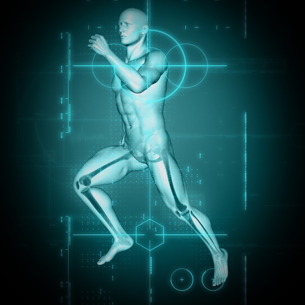 Foto grátis 3d render de uma formação médica com figura masculina em pose de corrida
