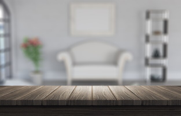 3D render de uma mesa de madeira com vista para um interior de sala despojado