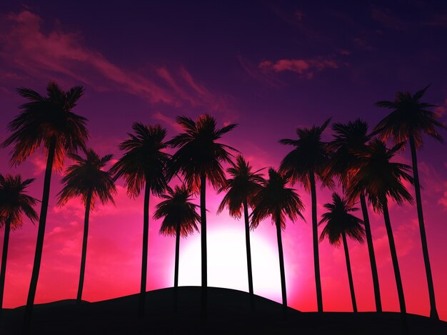 3d render de uma paisagem de palmeira contra um céu do por do sol