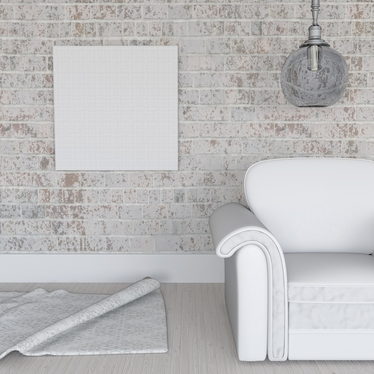 Foto grátis 3d render de uma tela em branco na parede de tijolos grunge no interior do quarto