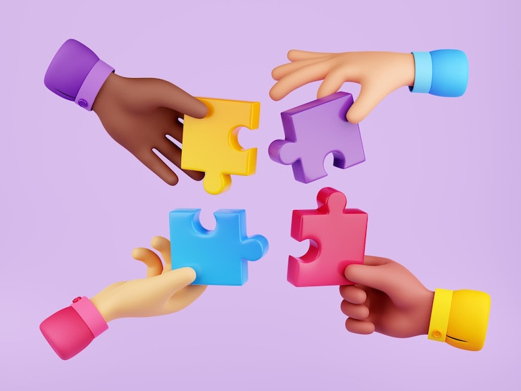 Foto grátis 3d render diversas mãos conectando o conceito de quebra-cabeça