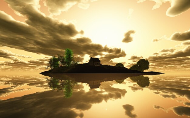 3D render ilha tranquila ao pôr do sol