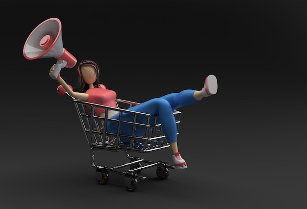 3D render mulher com design de ilustração de ícone de carrinho de compras mega telefone.