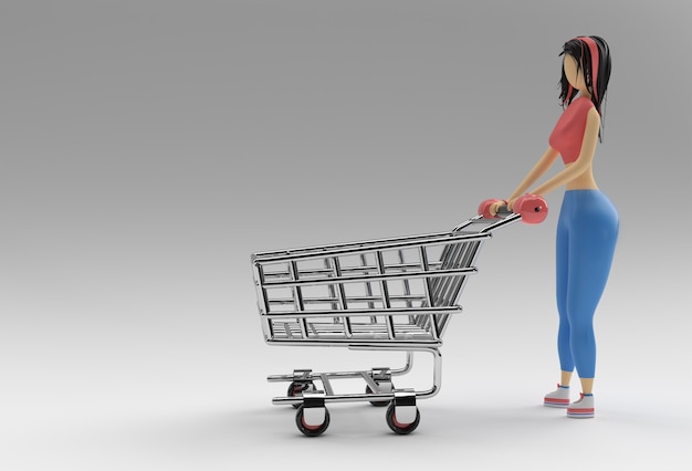 3d render mulher com design de ilustração de ícone de carrinho de compras.