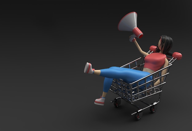 3d render mulher com mega phone shopping cart icon ilustração design.