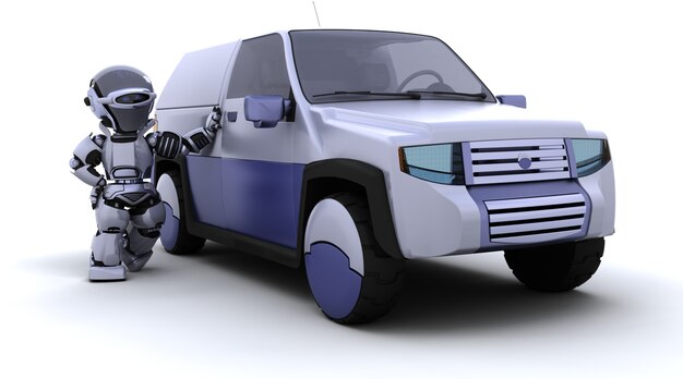 3D render of robot with SUV concept car