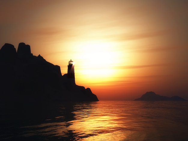 3D, render, paisagem, farol, pôr do sol