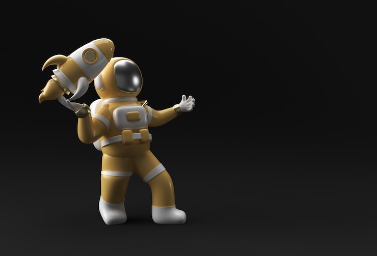 Foto grátis 3d render spaceman astronaut voando com um foguete ilustração 3d design