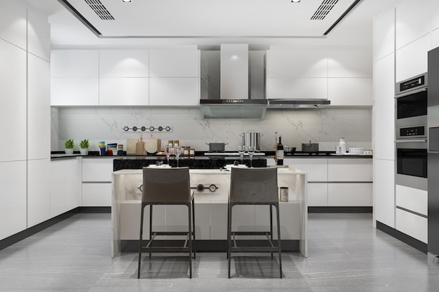 3d rendering branco minimal cozinha com decoração de madeira