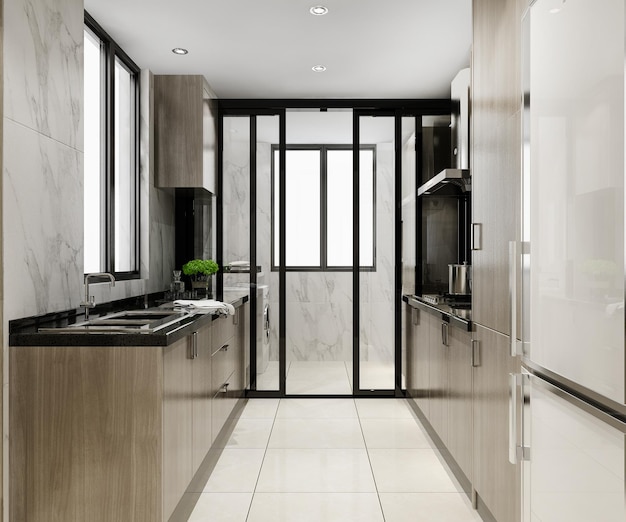 Foto grátis 3d rendering branco minimal cozinha com decoração de madeira