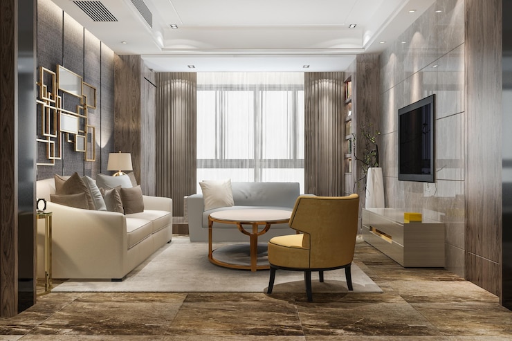 Foto grátis 3d rendering luxo e moderna sala de estar com sofá de tecido