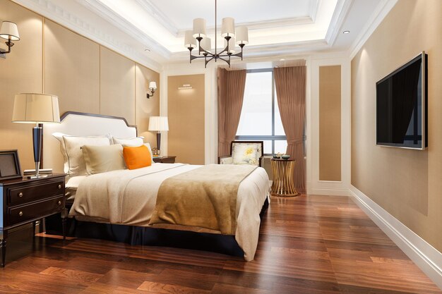 3d renderização bela suíte de luxo contemporânea no hotel com tv