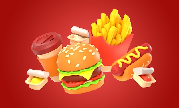 3d renderização fast-food hambúrguer batatas fritas café