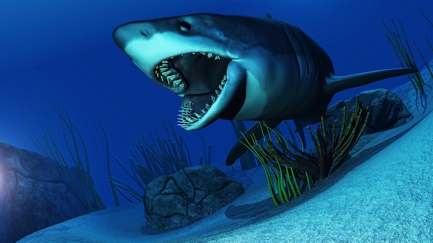 3D tubarão branco nadando no oceano
