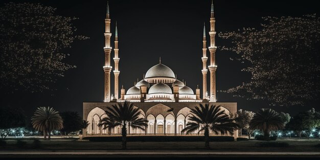 A bela mesquita serena à noite no abençoado mês do ramadã, o ai generativo iluminado