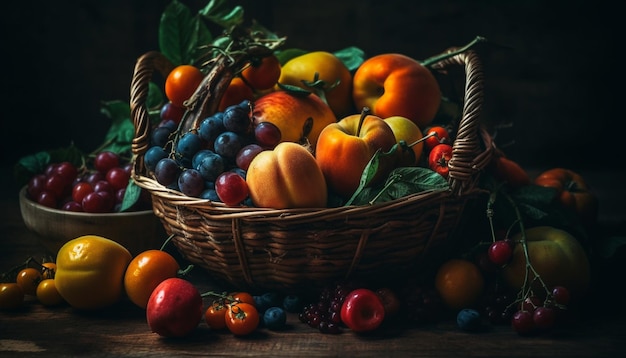 A cesta de vime rústica mantém a IA geradora de colheita saudável de outono