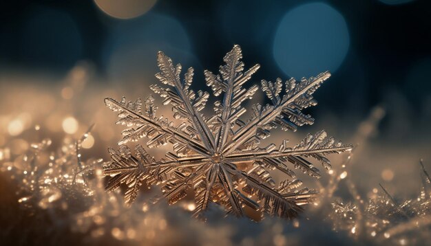 A decoração brilhante do floco de neve brilha na noite de inverno gerada pela IA