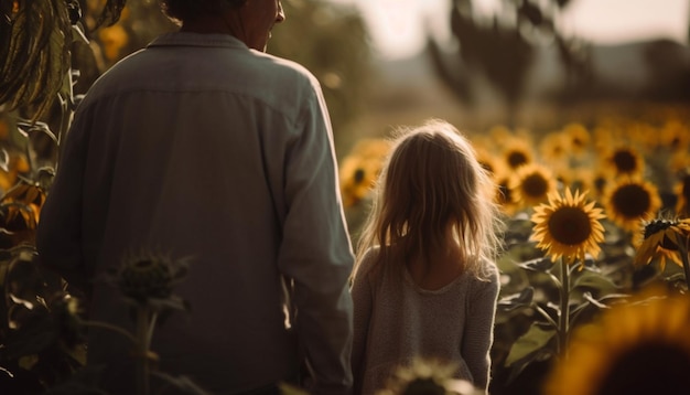 A família se abraça na natureza aproveitando o pôr do sol de verão gerado pela IA