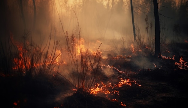 Foto grátis a fogueira brilhante ilumina a floresta escura, a fumaça enche o ar gerada pela ia