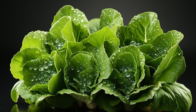 A folha verde fresca molhada com orvalho simboliza a natureza, a beleza saudável gerada pela inteligência artificial.