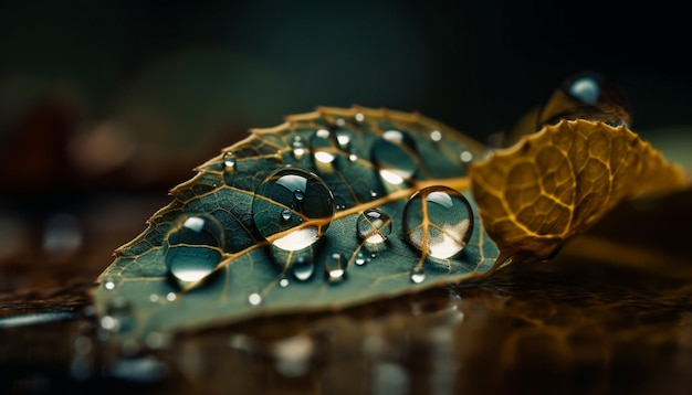 A gota de chuva reflete a beleza do material vegetal orgânico gerado pela IA