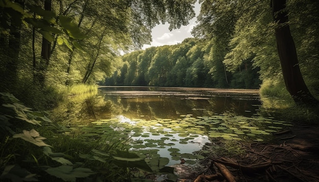 Foto grátis a lagoa tranquila da floresta reflete a beleza da folhagem de outono gerada pela ia
