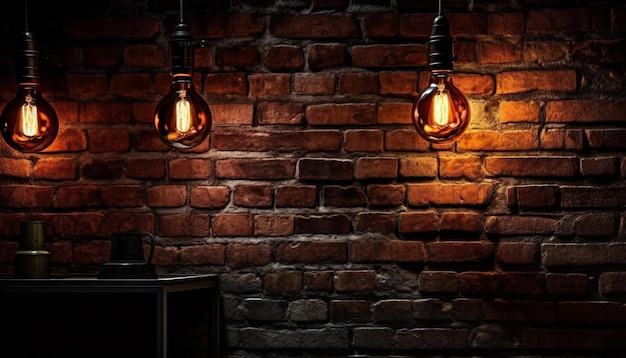 A lâmpada antiga brilhante ilumina a parede de tijolos gerada pela IA