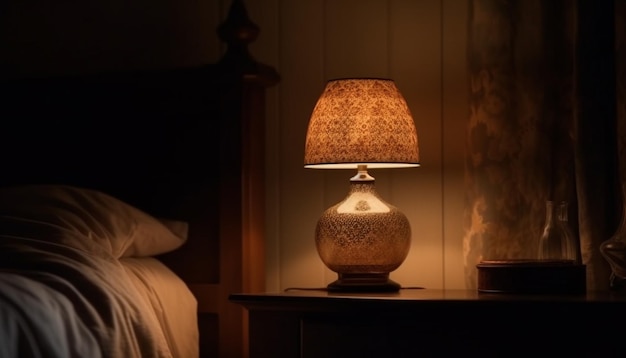 A lâmpada brilhante ilumina o design moderno e confortável do quarto gerado pela IA