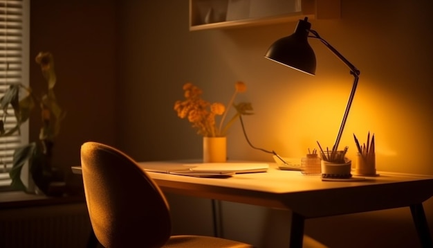 A lâmpada de mesa moderna ilumina o design criativo do home office gerado pela IA