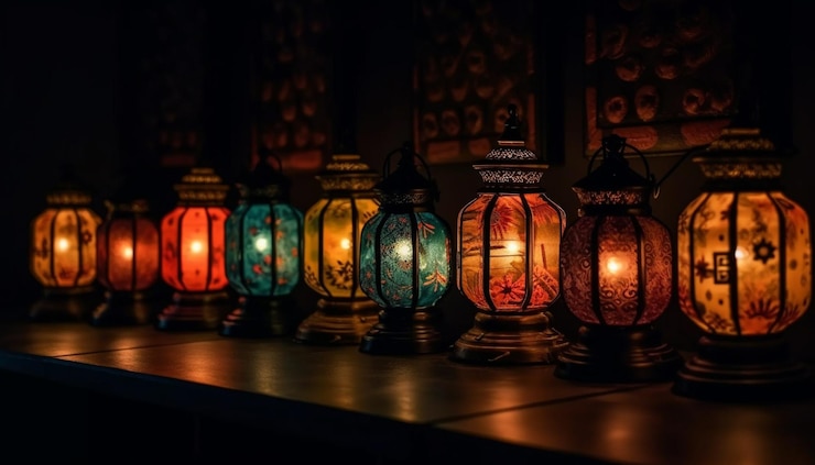 Foto grátis a lanterna antiga brilhante pendurada ilumina a celebração tradicional dentro de casa gerada pela ia