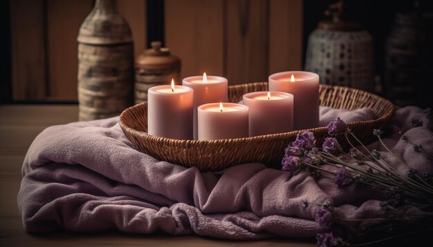A luz natural de velas e a aromaterapia criam um ambiente relaxante de tratamento de spa gerado por IA