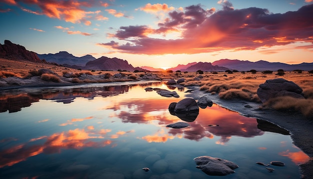 Foto grátis a majestosa cordilheira reflete a tranquilidade do pôr-do-sol e a beleza da natureza no crepúsculo gerada pela inteligência artificial