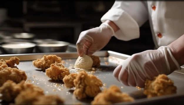 A mão do chef gourmet prepara massa caseira para assar gerada por IA