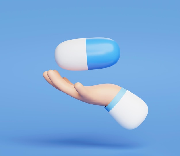 A mão segura o sinal ou o símbolo do ícone das cápsulas da medicina no fundo azul 3d ilustração dos desenhos animados cuidados de saúde e conceito médico