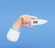 A mão segura o sinal ou o símbolo do ícone do termômetro médico no fundo azul 3d ilustração dos desenhos animados cuidados de saúde e conceito médico