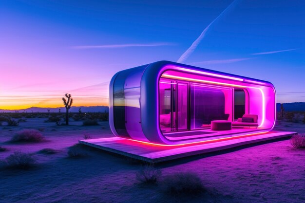 A mistura de edifícios futuristas com a paisagem do deserto.