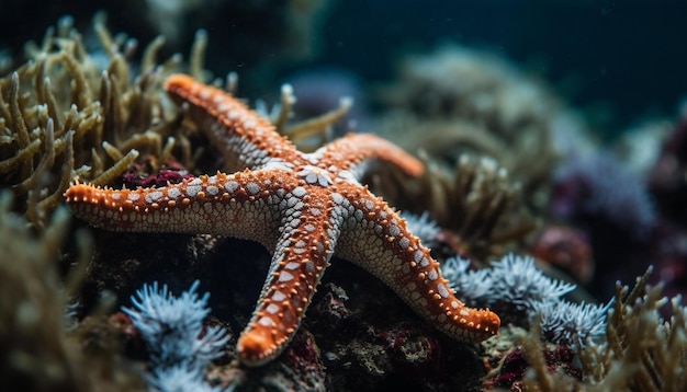 A natureza subaquática revela recifes de animais com peixes-estrela e corais gerados por inteligência artificial