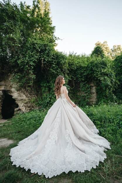 A noiva está em um vestido lindo na natureza