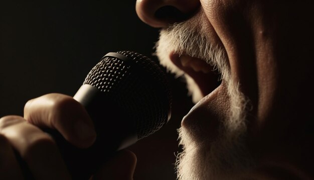 A paixão de um homem no microfone de palco na mão gerado pela IA